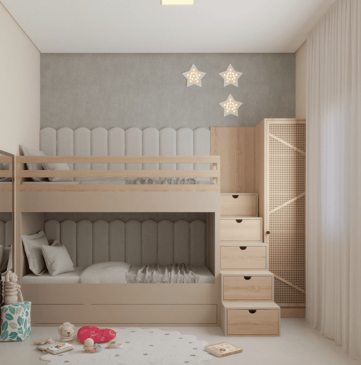Quarto infantil planejado com funcionalidade, composição delicada e atmosfera acolhedora