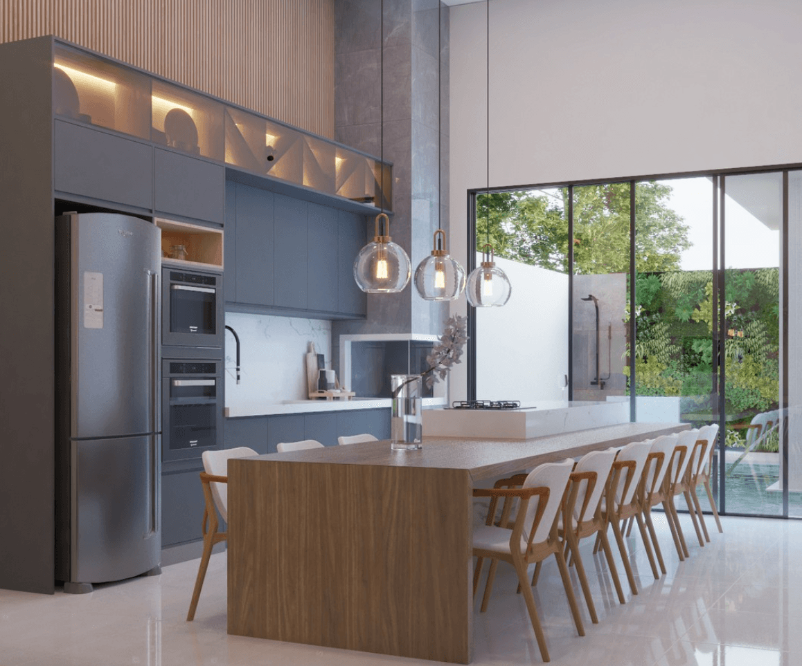 Detalhe de interiores com composição sofisticada e materiais neutros