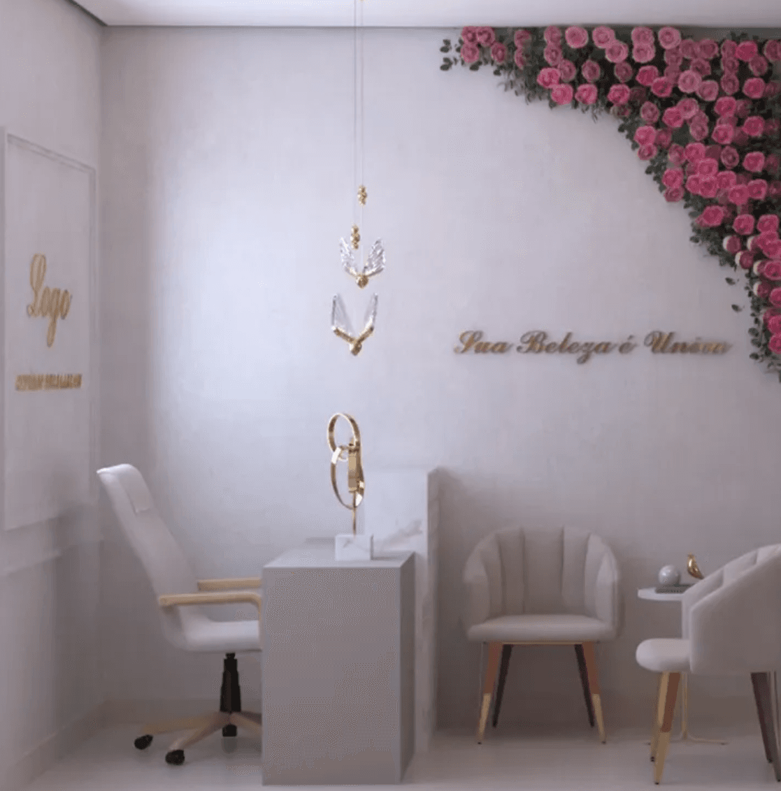 Projeto comercial para studio de beleza e estética com interiores sofisticados e recepção acolhedora